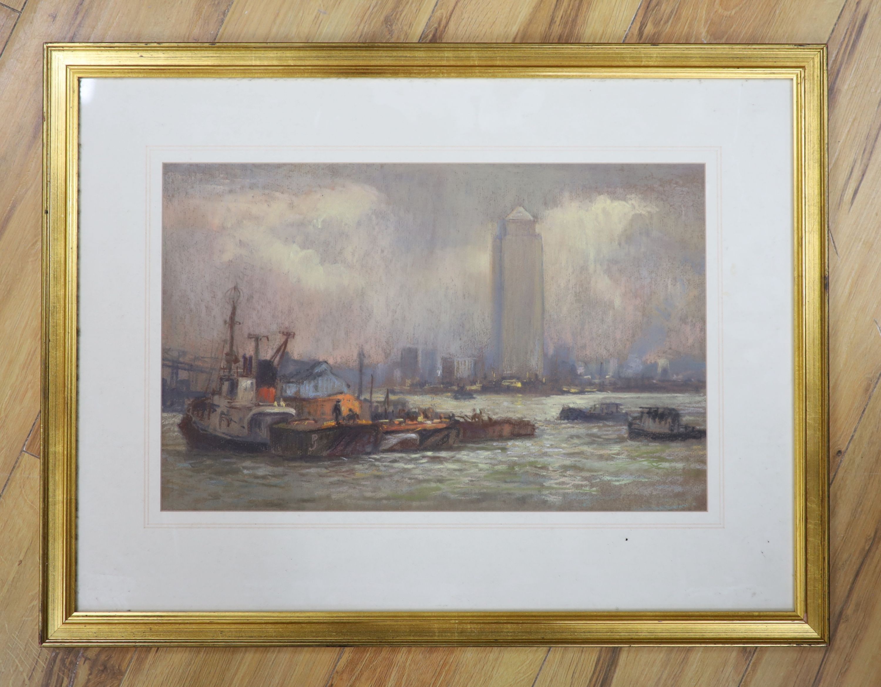 Pat Jobson (Wapping Group), pastel, Canary Wharf, label verso, 30 x 46cm